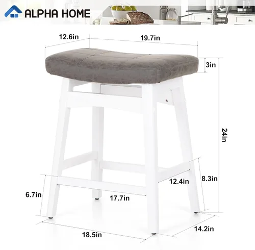 Vista 2 de ALPHA HOME Juego de 2 taburetes de bar, taburetes de cocina de madera maciza tipo silla de montar con cojín de cuero PU gris, taburetes de bar