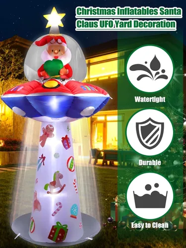 Vista 6 de Kalolary Inflables de Navidad de 8 pies para decoración al aire libre, OVNI inflable con Papá Noel, decoración de patio, luces LED integradas