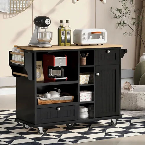 Vista 22 de Carrito móvil de isla de cocina de estilo moderno de 53 pulgadas de ancho con escritorio y gabinete de madera de goma, 5 cajones y ruedas