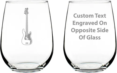 Custom Electric Bass Personalized Stemless Wine Glass - Music Gifts for Bass Players, Teachers and Musicians that Play Bass Guitar - Large 17 Oz
