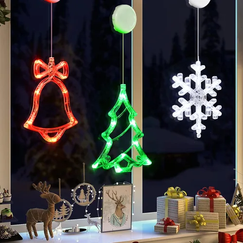 Vista 8 de LOLStar Adornos para Ventana de Navidad, Juego de 3 Campanas Sonajeras, Árbol de Navidad, Luces de Ventana Navideñas con Ventosa en Forma de Copo
