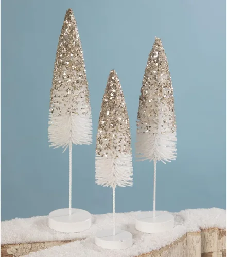 Vista 3 de Bethany Lowe Designs LC9576 Platinum Glitter - Juego de 3 cepillos para botellas, diseño de árboles