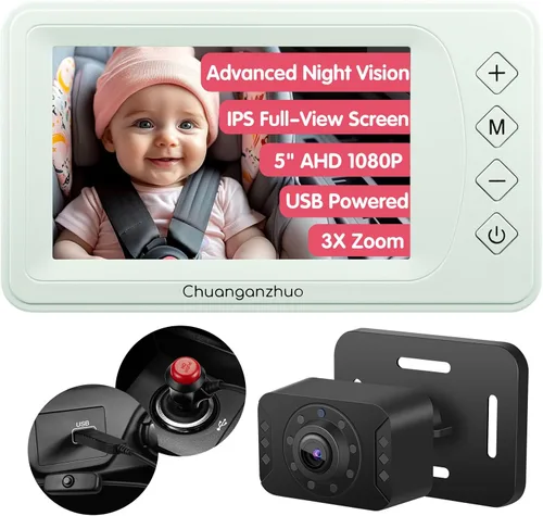 Baby Car Camera with Advanced Night Vision, AHD 1080P 5inch IPS Full View Car Baby Monitor, Carseat Camera for Kids Infants Rear Facing Mirror, USB