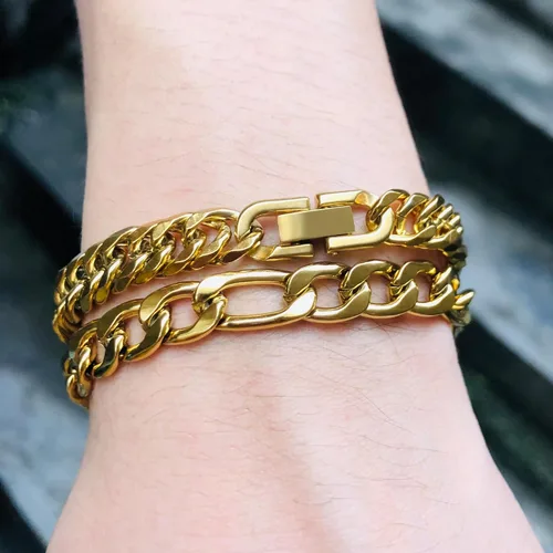 Vista 5 de Collar de pulsera Figaro de eslabones cubanos de 3 piezas, plata dorada y negra, resistente acero inoxidable 316L, cadena Figaro de eslabones