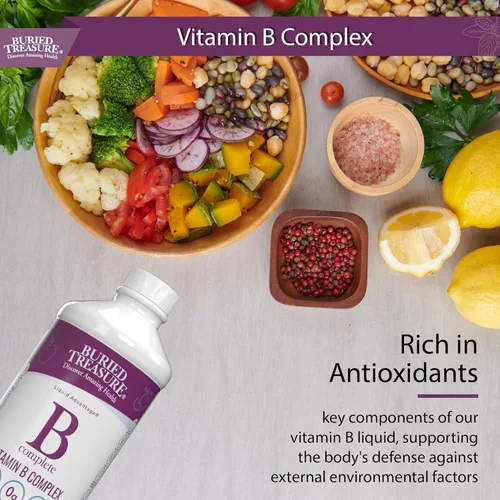 Vista 5 de Buried Treasure B Complete - Complejo líquido de vitamina B con metilcobalamina B12 y metilfolato B9, biotina, B1, B2, B3, B5, B6, líquido y sin