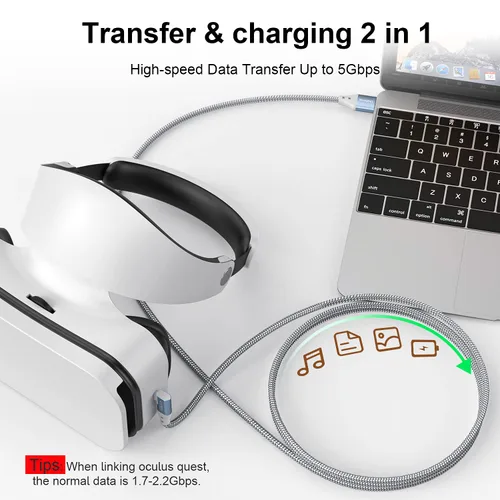 Vista 3 de Cable de enlace de 16 pies, USB3.0 a USB tipo C, trenzado de 90 grados con transferencia de datos rápida de 5 Gbps, cable de carga USB C para Oculus