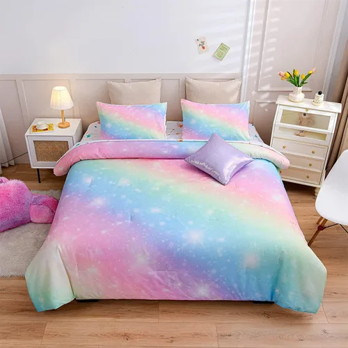 Vista 19 de A Nice Night Juego de ropa de cama de 6 piezas con purpurina degradada para niñas, tamaño Twin, juego de edredón colorido de galaxia arcoíris, Azul
