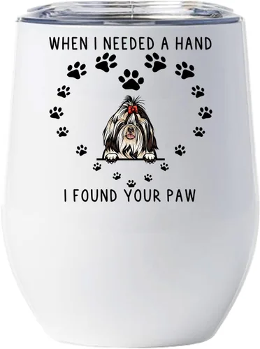 When I Needed A Hand I Found Your Paw Shih Tzu Wine Glass Tumbler 12oz With Lid Gift for Dogs Lover - Funny Shih Tzu White Tumblers Stainless Steel