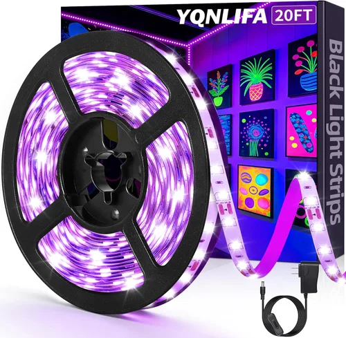 YQNLIFA Tira de luz negra de 20 pies, 360 cuentas de lámpara, kit de luz negra LED flexible, tiras de luz negra de 12 V, no impermeable para