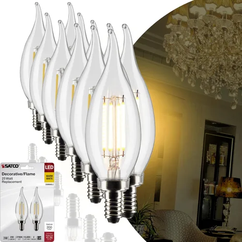 Satco Bombillas LED transparentes para candelabros, 3 W, tipo CA10, color blanco suave, 2700 K, 200 L, base de vela E12, regulables para comedor,