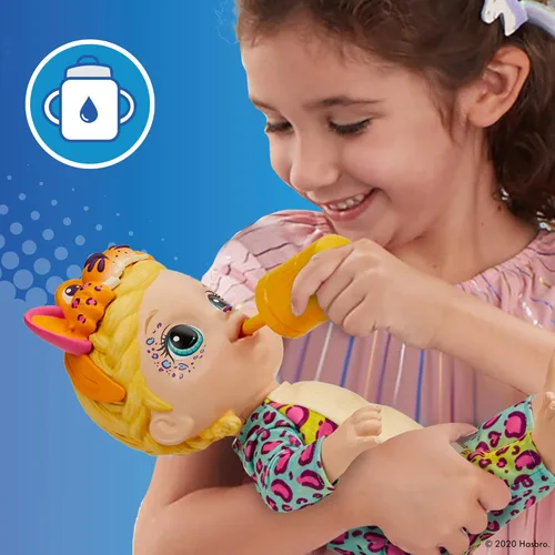 Vista 6 de Baby Alive Muñeca Rainbow Wildcats, leopardo, accesorios, bebidas, húmedas, juguete de leopardo para niños a partir de 3 años, cabello rubio