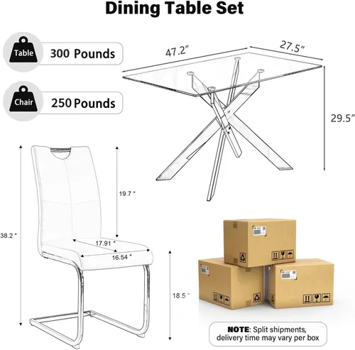 Vista 2 de Juego de mesa de comedor de 5 piezas para 4, mesa rectangular moderna de cristal con 4 sillas tapizadas de cuero, juegos de mesa y sillas de comedor