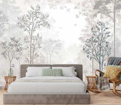 Vista 2 de Jdayda Mural de papel tapiz de bosque brumoso, mural de pared grande de bosque vintage para sala de estar, dormitorio, baño (no autoadhesivo)
