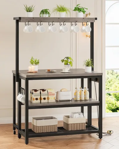 Vista 3 de CHOEZON Isla de cocina con toma de corriente, mesa de isla de cocina con parte superior plegable, islas de almacenamiento estacionario, barra