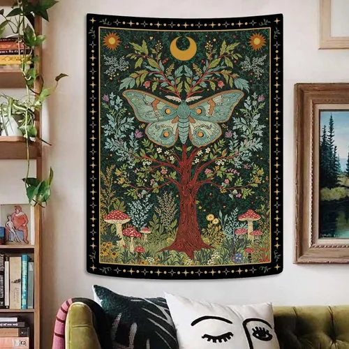 Vista 4 de Lunerfex Tapiz de pared del árbol de la vida, polilla celestial y sol para colgar en la pared para dormitorio y sala de estar, tapices de decoración