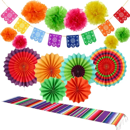 16 piezas de decoraciones de fiesta para fiestas del mes de la herencia hispana, 1 camino de mesa de serape, 6 discos de rueda redonda de abanicos