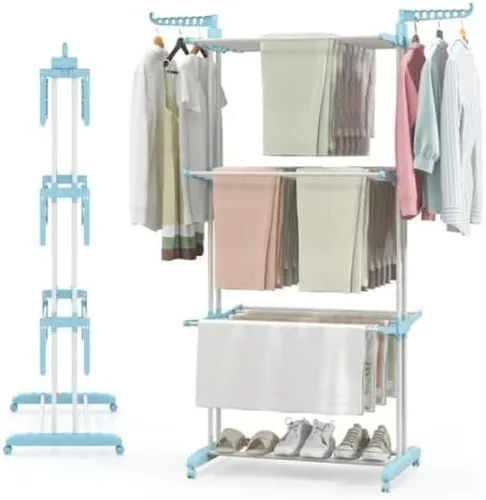 Blue 4-Tier Foldable Clothes Drying Rack with Wheels, Heavy Duty Metal Laundry Hanger Stand for Indoor Outdoor Use