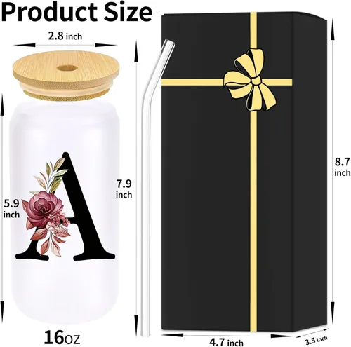 Vista 6 de Vaso de vidrio con monograma con tapa de bambú, popote personalizado, vaso de café helado de 16 onzas, tarro transparente de masón, cerveza, agua