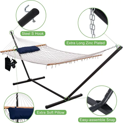 Vista 2 de Lazy Daze Hammocks Hamaca de doble cuerda con soporte incluido, cuerda de algodón tradicional de 12 pies con almohada para exterior, patio trasero