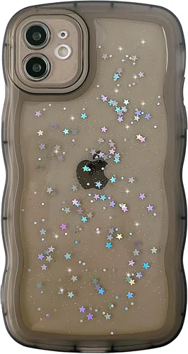 Vista 75 de Qokey para iPhone 14 Plus Funda de 6.7" con diseño de borde ondulado rizado, transparente, con purpurina, brillo, estrellas, brillante, lindo