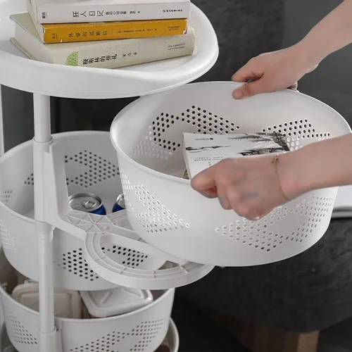 Vista 7 de Estante de almacenamiento giratorio redondo de 5 niveles, con 5 ruedas bloqueables, cesta de almacenamiento de frutas y verduras, cesta de cocina