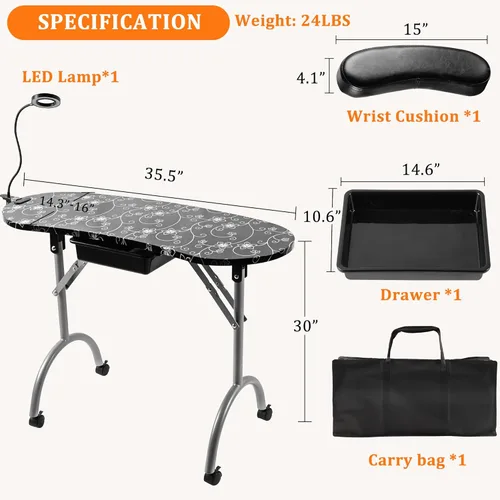 Vista 2 de Alohappy Mesa de manicura portátil y plegable, escritorio de uñas con cajón/lámpara de mesa LED con enchufe USB actualizado/almohadilla de muñeca