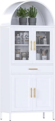 Vista 9 de Armario de despensa de cocina arqueado con 6 estantes ajustables, gabinete arqueado de metal blanco con 2 puertas para cocina, sala de estar