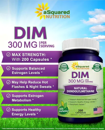 Vista 2 de aSquared Nutrition DIM Supplement 300mg Plus BioPerine - 200 cápsulas vegetales - Diindolilmetano DIM Max Strength Píldoras para apoyar