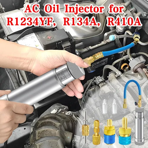 Vista 7 de Inyector de tinte de CA con válvula de cierre, inyector de aceite de CA para R1234yf R134a R410a, inyector de tinte 1234yf con función de prevención