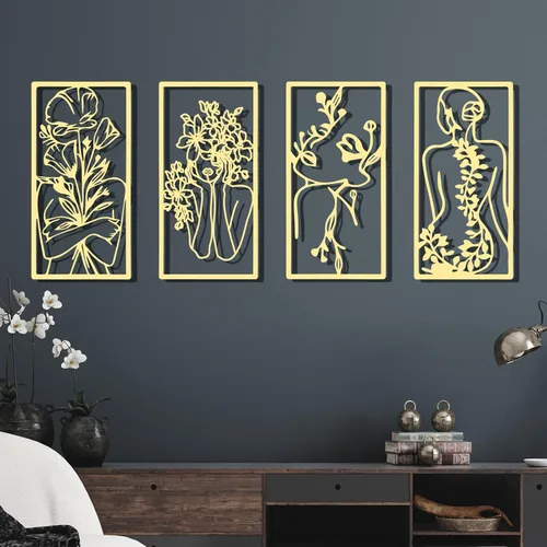 Cindeer 4 piezas de arte de pared de metal minimalista abstracto para mujer, línea de arte de pared dorada, dibujo de línea de metal, arte colgante