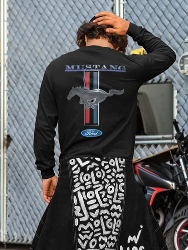 Vista 7 de Ford Mustang Pony Racing Stripe 5.0 Muscle Cars Camiseta de manga larga con estampado delantero y trasero Negro