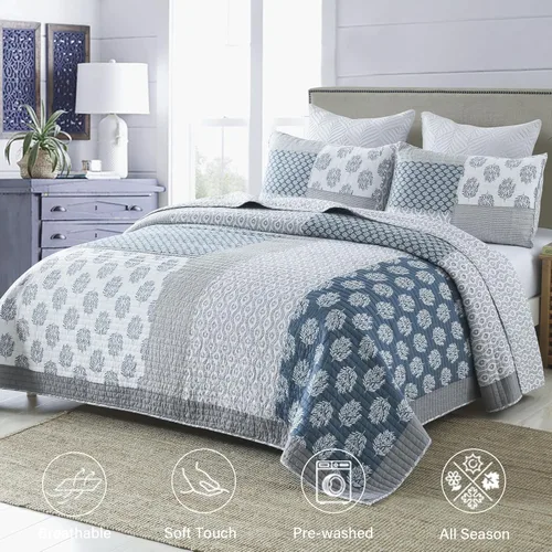 Vista 2 de Finlonte - Juego de edredón de algodón, individual, floral, rural, retazos reales, reversible, ligero y de color azul, gris y blanco para cama