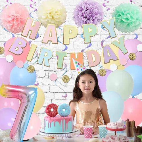 Vista 4 de BRT Bearingshui Decoraciones de 7º cumpleaños – Globo de 40 pulgadas con degradado arcoíris número 7, pancarta de feliz cumpleaños, suministros