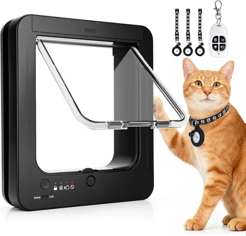 Puerta inteligente para gatos para interior y exterior, puerta RFID para mascotas con 3 llaves de sensor de collar y 1 control remoto y bloqueo de 4