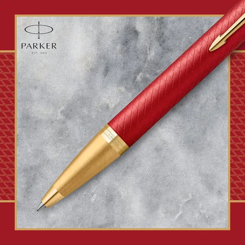 Vista 4 de PARKER IM - Bolígrafo Laca roja premium con ribete dorado Punta media con recarga de tinta azul Caja de regalo