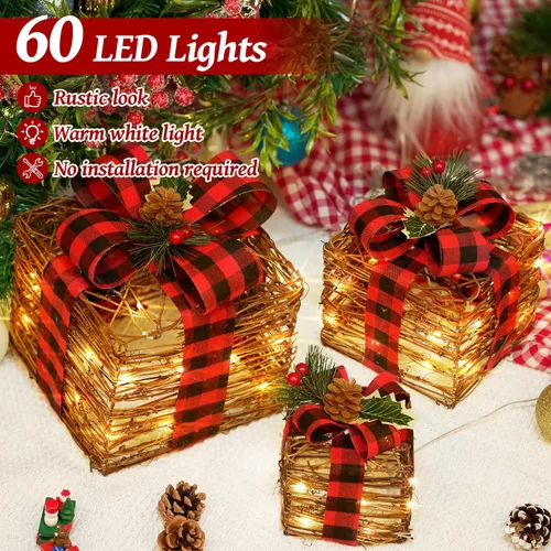 Vista 6 de LAWOHO - Juego de 3 cajas de regalo iluminadas de Navidad, cajas de regalo rústicas de ratán con lazos, cajas de regalo de Navidad LED operadas por