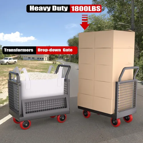 Vista 2 de Carrito de empuje 5 en 1 con lados, plataforma resistente con ruedas giratorias 360, carrito versátil con capacidad de 1800 libras, carrito plano