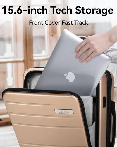 Vista 2 de LUGGEX Maleta de mano con bolsillo frontal, maleta rígida de policarbonato expandible con puerto USB, Champán, Equipaje de mano