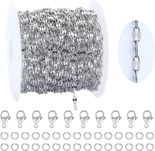 Cadena de acero inoxidable plateado de 32.8 pies, cadena plana de eslabones de clip de papel de 0.394 x 0.197 in, cadena a granel con anillos de