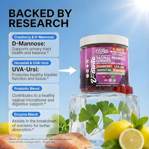 Vista 3 de Clean Nutraceuticals Probióticos Vaginales para Mujeres Gomitas con Arándano Rojo, Uva Ursi, Cola de Caballo, D-Manosa, Prebióticos y Enzimas