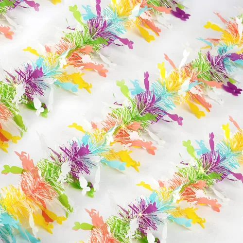 33Ft Easter Garland Decorations Colorful Tinsel Twist Garland for Tree with Gorgeous Bunny Carrot Designs Spring Pastel Hanging Ornaments for Home
