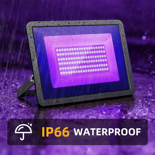 Vista 6 de Paquete de 2 luces LED negras de 100 W, luz negra con enchufe e interruptor, luz negra impermeable IP66 para fiesta de Halloween, brilla