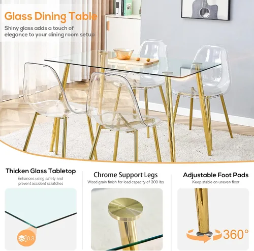 Vista 3 de Juego de mesa de comedor de cristal de 5 piezas, mesa de cocina y sillas de 51 pulgadas para 4, juegos de mesa de comedor transparentes con patas