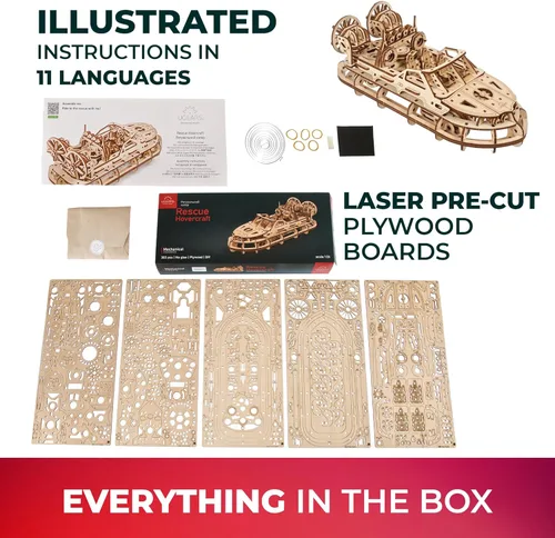 Vista 7 de UGEARS Rescue Hovercraft - Kits de modelo de barco para adultos - Puzzle de madera 3D - Kits de barcos de madera para construir - Kits de barcos