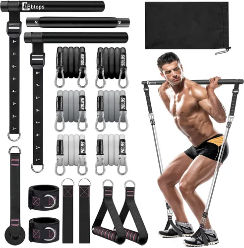 Vista 14 de Kit de barra de pilates Bbtops con bandas de resistencia, barra de pilates con bandas apilables, equipo de entrenamiento para piernas, cadera