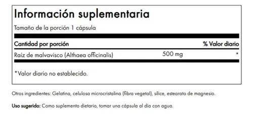 Vista 2 de Swanson Raíz de malvavisco saludable apoya la función respiratoria Soporte digestivo 500 miligramos 90 cápsulas