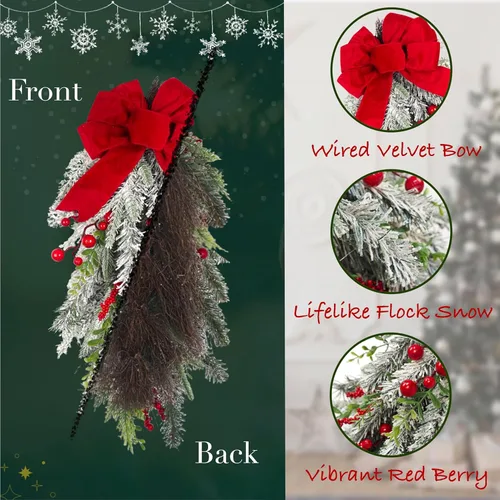 Vista 2 de Guirnalda Navideña en Forma de Lágrima Preiluminada de 28 pulgadas, Decorada con Ramas de Pino Artificial Nevadas, Bayas Rojas, Lazo con Alambre