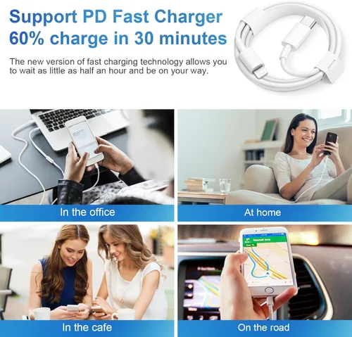 Vista 7 de Cargador súper rápido para iPhone 14, 13, 12, 11, paquete de 20 W, cargador de pared USB C rápido de 20 W, con cable de carga rápida de 6 pies