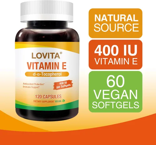 Vista 2 de LOVITA Vitamina E 400 UI cápsulas blandas veganas, vitamina E natural 268 mg (como D alfa tocoferol), para piel sana, cabello, uñas, antioxidantes