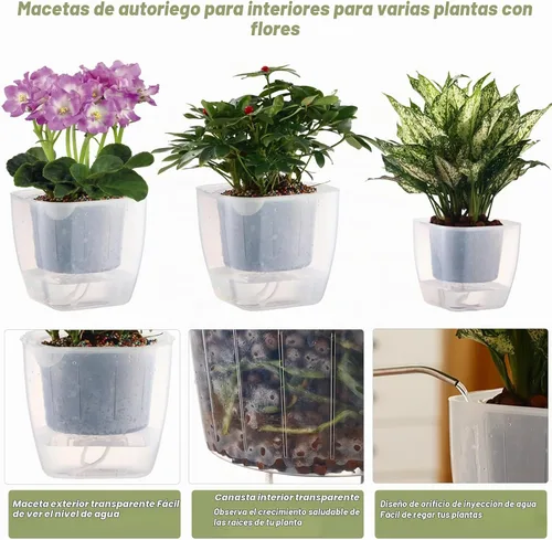 Vista 4 de Paquete de 6 macetas transparentes de riego automático de 7 pulgadas para plantas de interior, macetas grandes de violeta africana, macetas de mecha